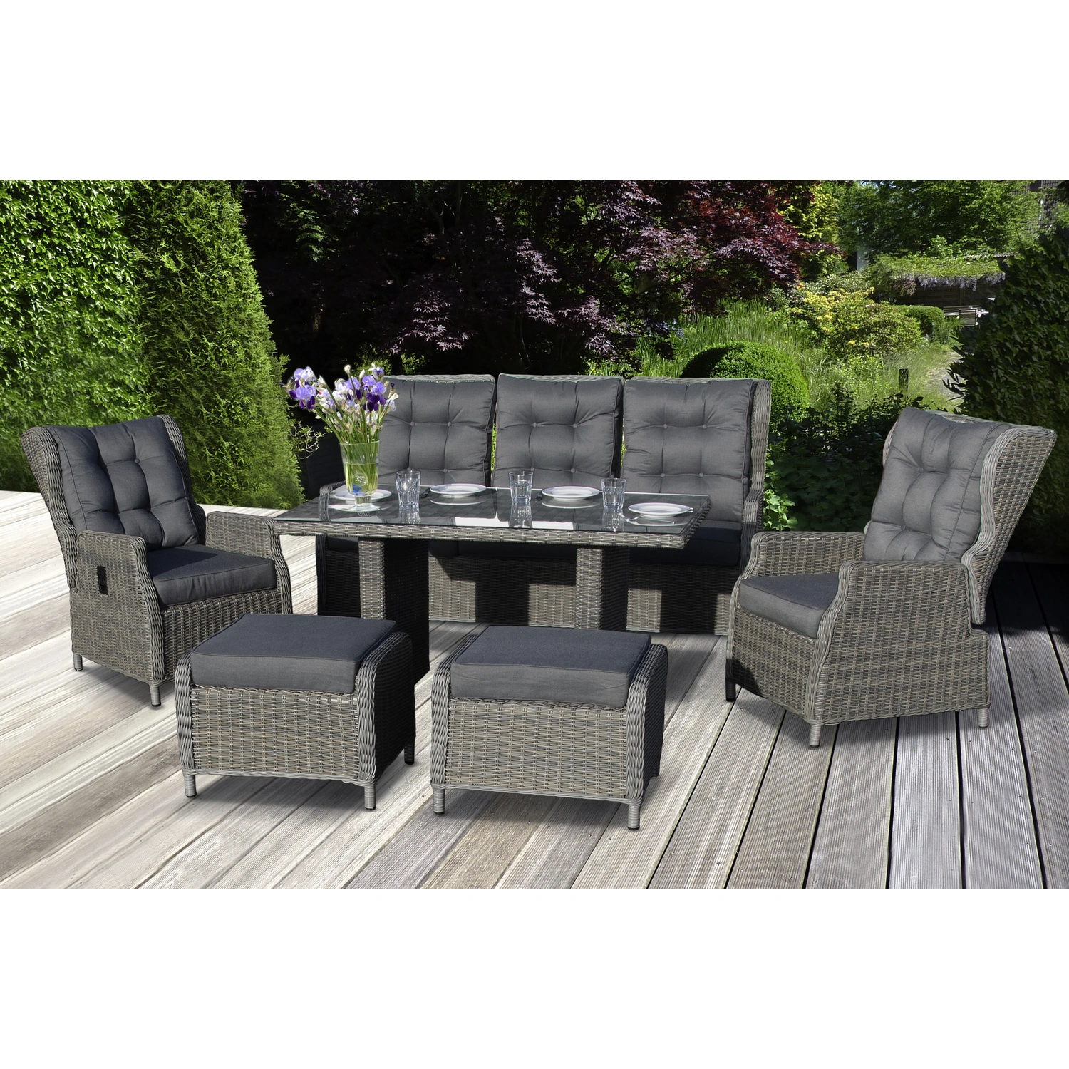 BELLAVISTA Canelli Dining Lounge Gartenmöbel Set 7 Sitzplätze Polyrattan Aluminium Grau