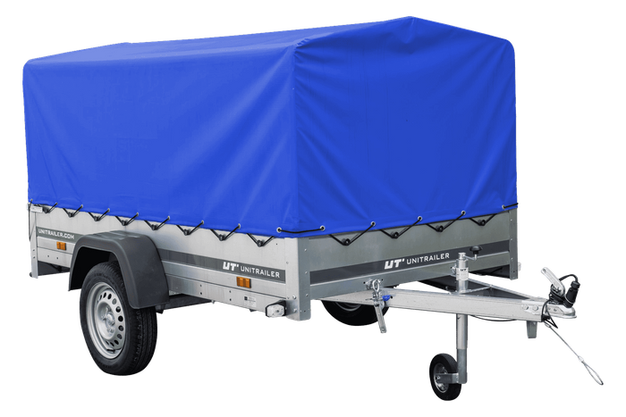 Auto Anhänger 230×125 Garden Trailer 230 KIPP Unitrailer 750 kg mit Stützrad, blauer Hochplane und Hochspriegel-Neu