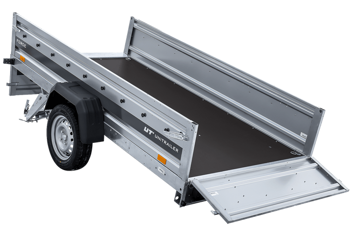 Einachsanhänger 264×125 UNITRAILER FORCE 264 KIPP mit Gitterwänden, H-0-Rahmen und grauer Plane-Neu