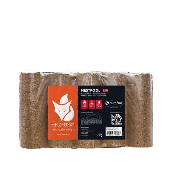 Heizfuxx Nestro XL Rot Holzbriketts Hartholz – 960 kg Palette (96×10 kg), Heizwert ≥4,8 kWh/kg, Rundbriketts